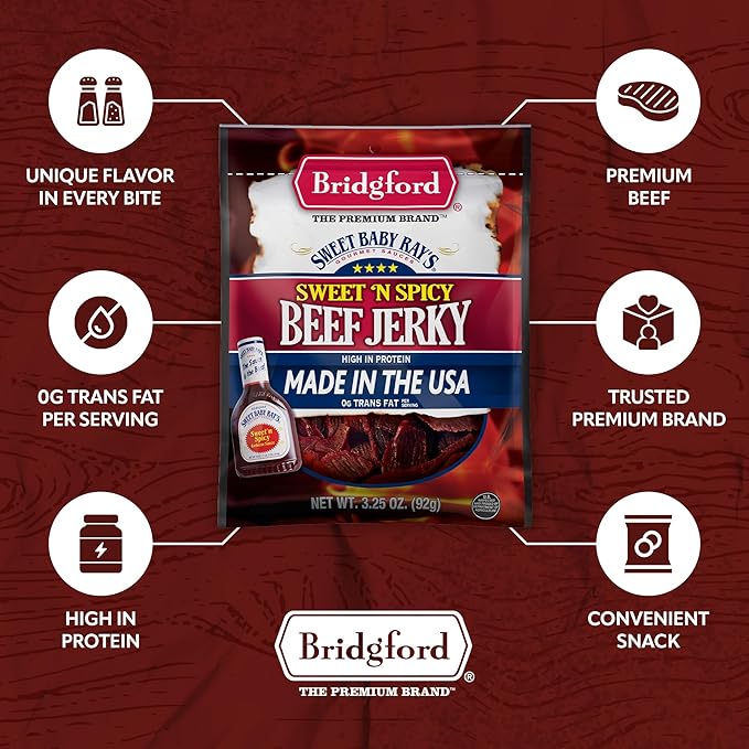Bridgford Sweet Baby Ray's Beef Jerky Honey BBQ 10 oz Pack of 3 - High Protein Jerky for Midday Energy Boost or Post Workout Snack - Naturally Smoked Ready to Eat Meat Snacks for on the Go Snacking