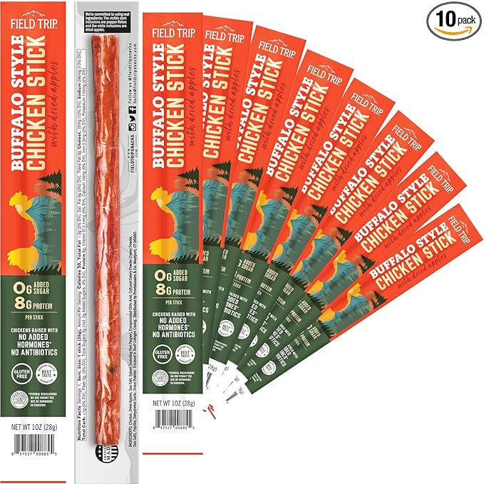 Field Trip Hormone Free Spicy Buffalo Chicken Jerky Snack Sticks 0 Sugar Keto Paleo Gluten Free Allergy Friendly Snack High Protein 50 Calorie Snack 1oz 10 Pack