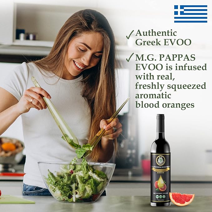 M.G. PAPPAS High Polyphenol Rich Blood Orange-Infused Olive Oil Extra Virgin - Over 500mg/kg - Cold Pressed &amp Unfiltered - High Hydroxytyrosol Greek Olive Oil Award Winning - 12.7 Oz