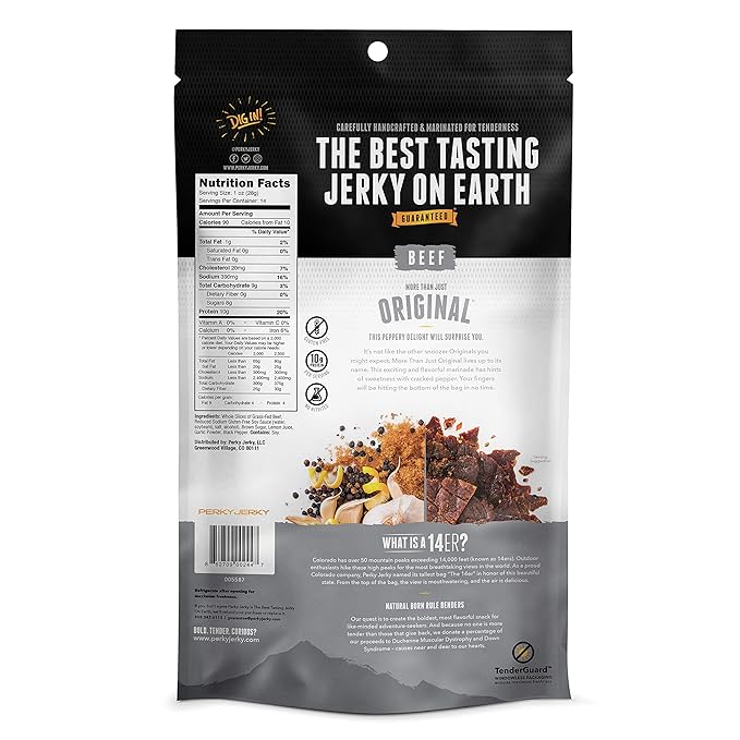 Perky Jerky Original 100% Grass Fed Beef Jerky 14oz - Antibiotic Free - 10g Protein Per Serving - Low Fat - Handcrafted Tender Texture and Bold Flavor