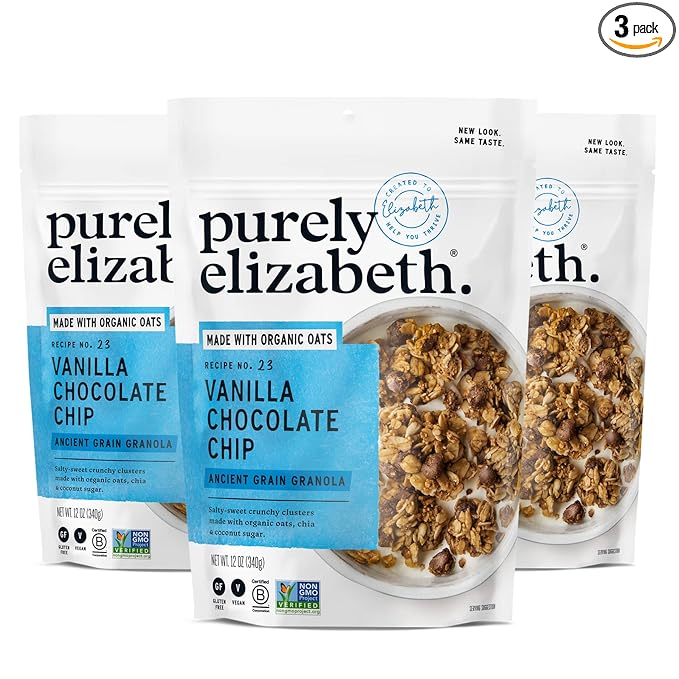 Purely Elizabeth Vanilla Chocolate Chip Granola Made with Organic Oats and Ancient Grains Gluten-Free Non-GMO (3 Ct 12oz Bags)