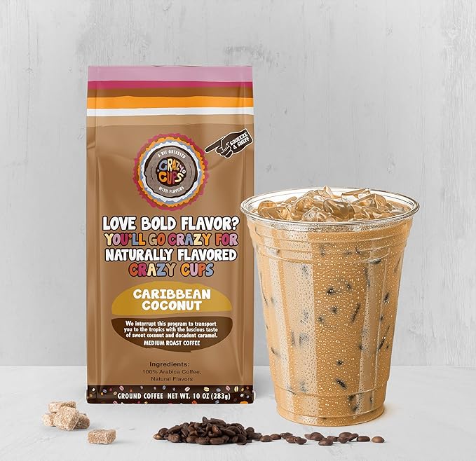 Crazy Cups Flavored Ground Coffee Caribbean Coconut in 10 oz Bags For Brewing Flavored Hot or Iced Coffee 3 Pack