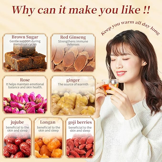 Baihuatang Brown Sugar Red Ginseng Ginger Tea 60 Bags (21oz) with Red GinsengLongan black sugar red dates goji berries rose flowers gingerCaffeine Free Warm Beverage
