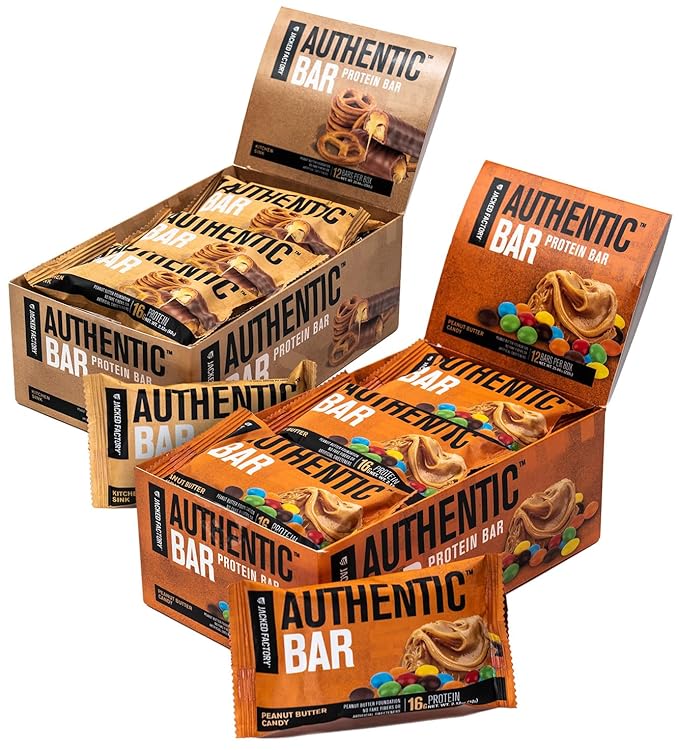 Authentic Bar Peanut Butter Candy (12-Pack) &amp Kitchen Sink (12-Pack) Protein Bars - Tasty Meal Replacement Energy Bars w/Whey Protein Isolate Natural Sugars (24 Bars)