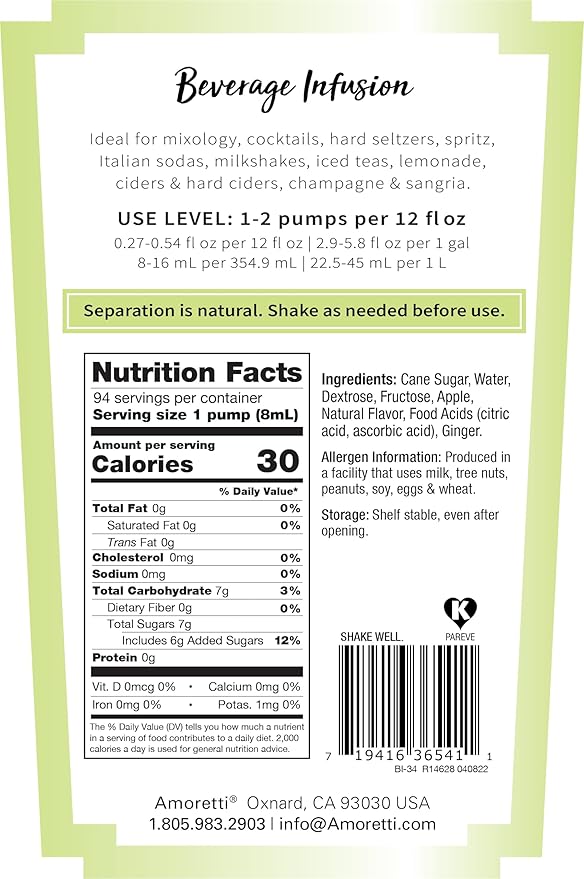 Amoretti - Apple Ginger Beverage Infusion (10 lbs) - Drink Mix &amp Water Enhancer with Pump for Flavoring Cocktails Waters Teas Mocktails and other Beverages Preservative Free Gluten Free