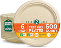 ECO SOUL 6 Inch Compostable Disposable Paper Plates [500 Pack] Food Safe 100% Virgin Bagasse Pulp Heavy Duty Microwave Safe Small Round Dessert Appetizer Plate for Party Picnic &amp BBQ (Brown)
