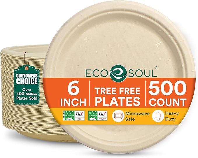 ECO SOUL 6 Inch Compostable Disposable Paper Plates [500 Pack] Food Safe 100% Virgin Bagasse Pulp Heavy Duty Microwave Safe Small Round Dessert Appetizer Plate for Party Picnic &amp BBQ (Brown)