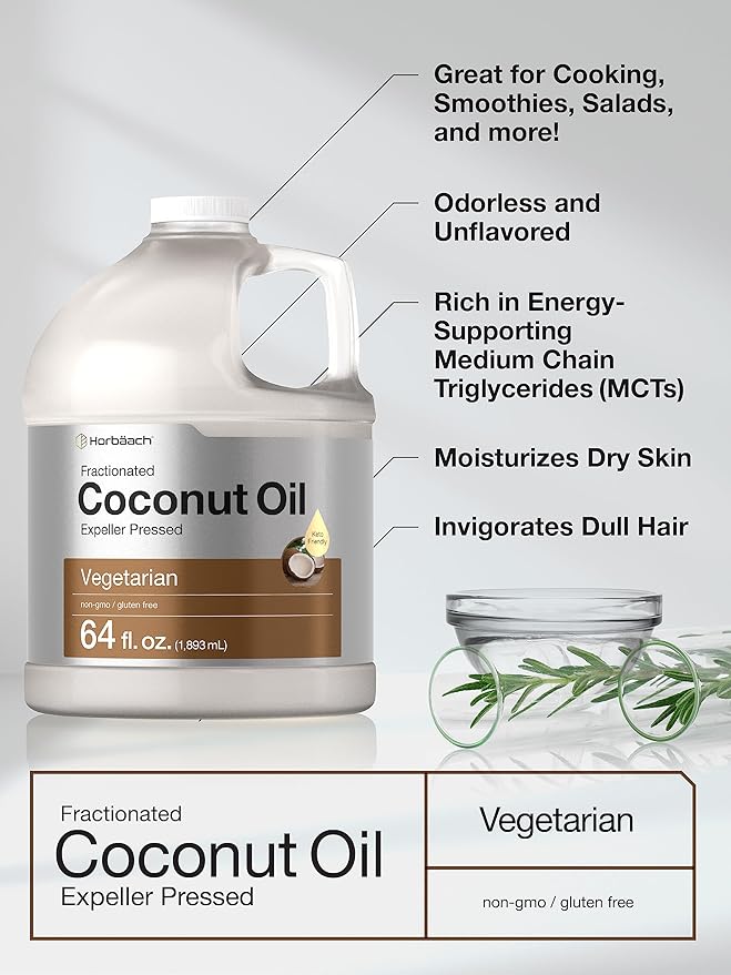 Horbäach Coconut Oil for Cooking | Liquid | 64 oz | Fractionated &amp Unflavored | Keto Friendly | Vegetarian Non-GMO &amp Gluten Free