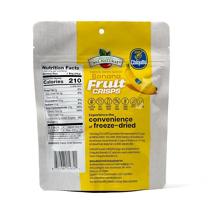 Brothers All Natural Freeze Dried Fruit Crisps Chiquita Banana 2 Oz (Pack of 8) Made with 100% Fruit Gluten Free Soy Free Vegan Healthy Snack Resealable Pouch