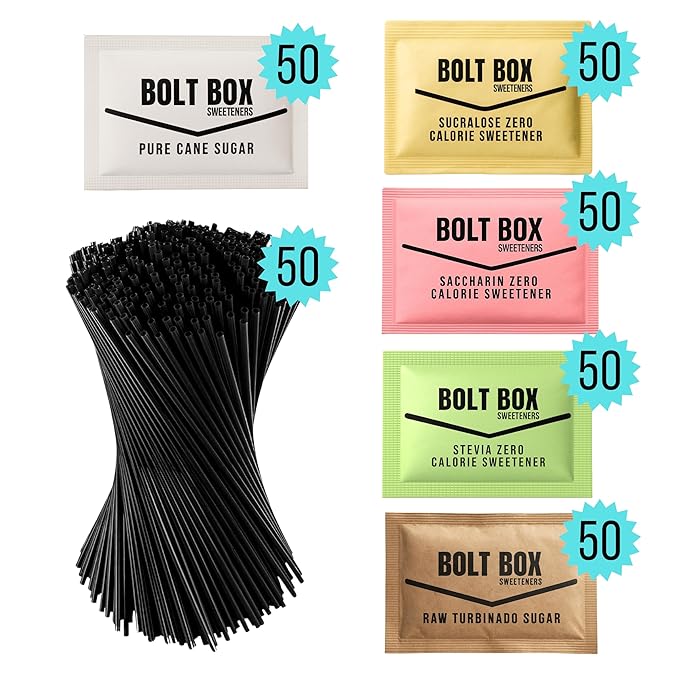 (300 total 50 each) Bolt Box Sugar &amp Sugar Substitute Packets Assorted Variety Pack (Turbinado Cane Pink Saccharin Yellow Sucralose Green Stevia Stir Straws)