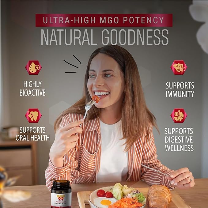 Berringa Manuka Honey Organic MGO 400+ High Strength Supports General Wellbeing &amp Digestive Balance - 100% Raw Pure &amp Unfiltered Sustainably Sourced from Australia - (8.82 oz)