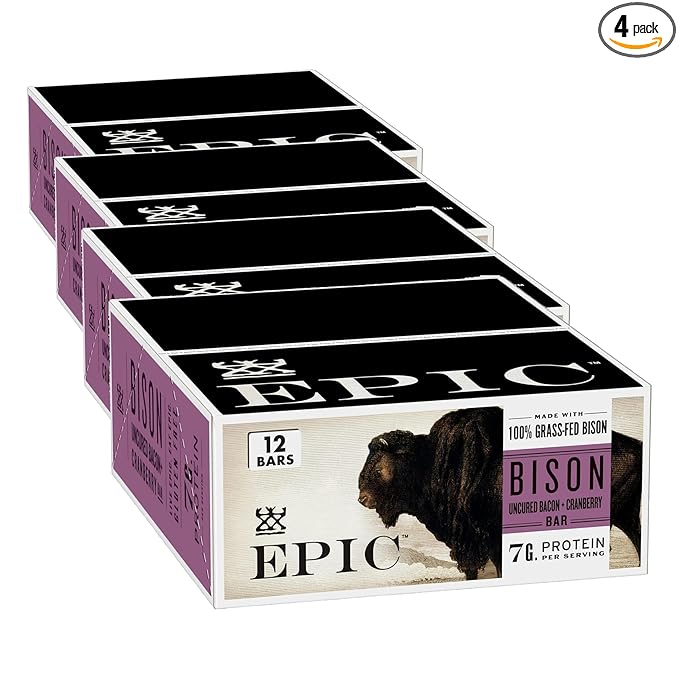 EPIC Bison Uncured Bacon and Cranberry Bars Grass-Fed Protein Bar 12 Ct 15.6 oz (Pack of 4)