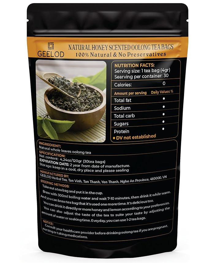 30 Nature Oolong Tea Bags – 100% Pure Whole Leaf Mix Nature Honey- Cortisol &amp Calming Tea for Anxiety Stress Digestion and Metabolism Rich in Antioxidants Vegan and Non-GMO