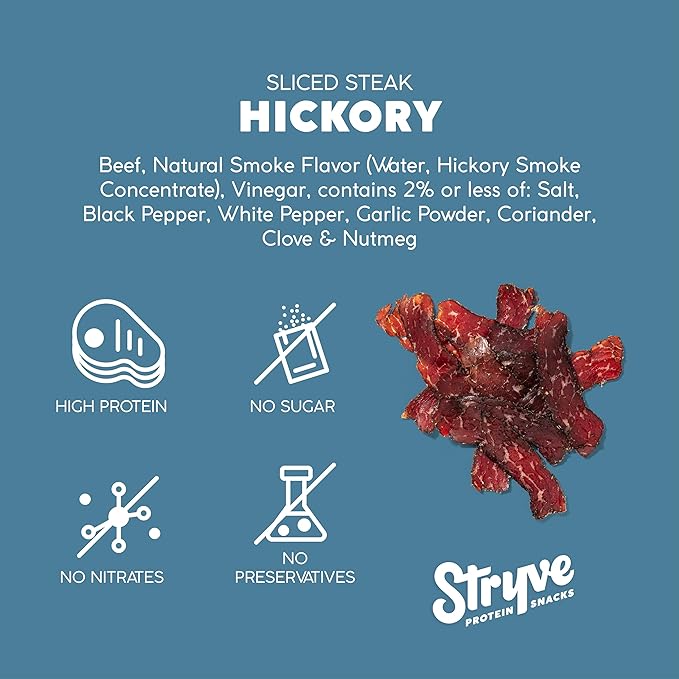 Stryve Protein Snacks - Better Than Jerky Steak Snacks. Protein Rich Beef Biltong | 32g Protein Sugar Free Carbs Free Gluten Free Dairy Free Keto &amp Paleo Friendly | Hickory Pack Of 4