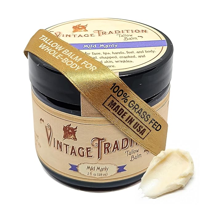 Vintage Tradition Beef Tallow All Purpose Balm - Healing Hydrating Men’s Skin Care Salve Replaces Body Lotion Hand Cream More - Essential Oil Olive Oil and Grass-Fed Tallow 2 fl. oz.