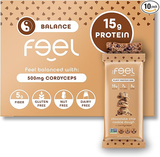 Feel Vegan Protein Bars Balance Cordyceps 15g Protein Adaptogenic Snack Organic Low Carb Gluten Free Dairy Nut Grain Soy Free Cookie Dough 10 Pack