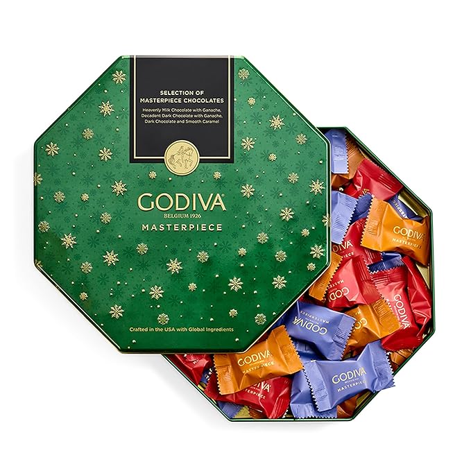 Godiva Holiday Masterpiece Gift Tin Assorted Milk &amp Dark Chocolates with Ganache and Caramel Gourmet Christmas Gift Kosher &amp Halal 50 Pc