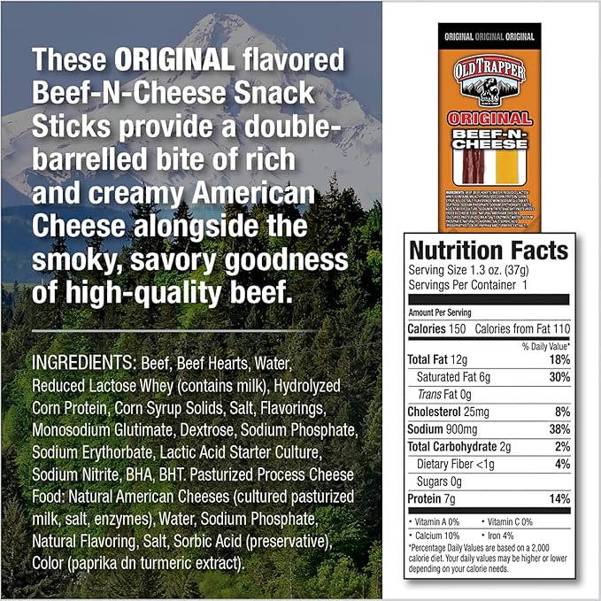 Old Trapper Beef-N-Cheese Original 1.3-Ounce Individual Package Savory Beef Stick and American Cheese Snack Pack Great Snack for Lunch Boxes or Between Meals (Pack of 14)
