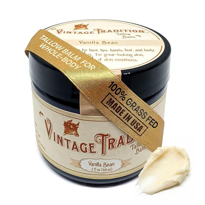 Vintage Tradition Beef Tallow All Purpose Balm - Healing Hydrating Mild Vanilla Skin Care Salve Replaces Body Lotion Hand Cream More - Essential Oil Olive Oil and Grass-Fed Tallow 2 fl. oz.