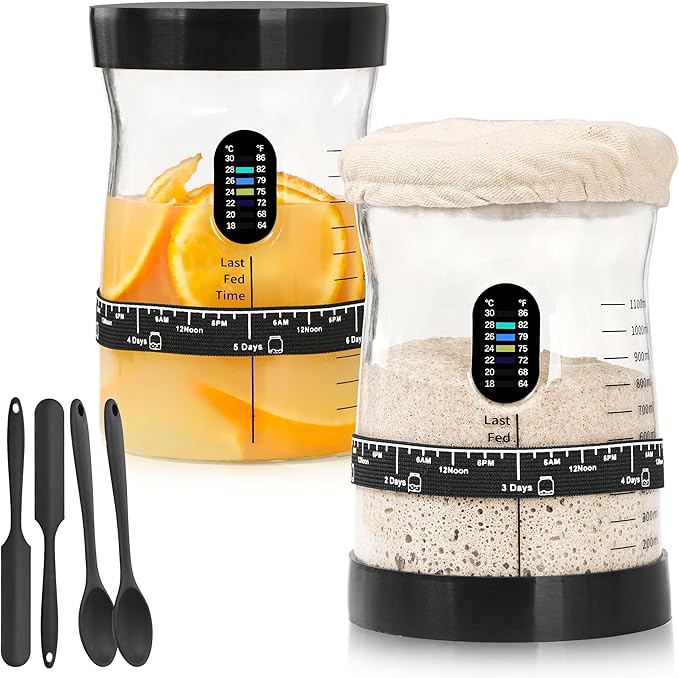 Sourdough Starter Kit -50 Oz Wide Bore and Large Capacity Sourdough Starter JarThermometer Feeding Band- Perfect Sourdough Bread Baking Supplies Baking Gifts(2 Jar)