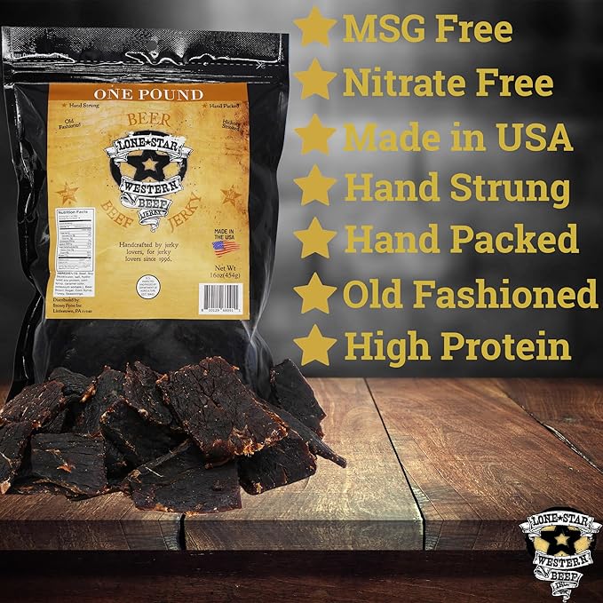 Lone Star Beer Flavored Beef Jerky - 1 Pound Resealable Bag - Hickory Smoked Handcrafted Flavor - High Protein Healthy Meat Snack