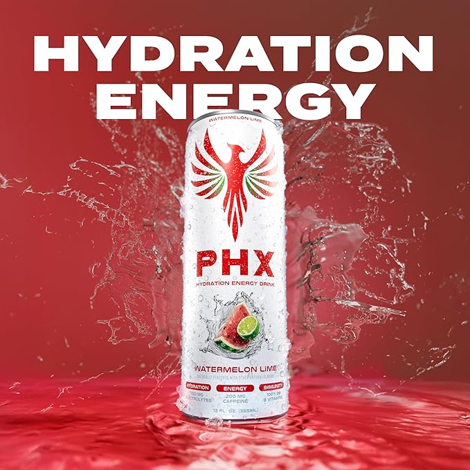 PHX Hydration Energy Drink - 700mg Electrolytes 200mg Natural Green Tea Caffeine 100% Daily Value 8 Essential Vitamins - 12 oz Cans (12 Pack) (12 Pack Watermelon Lime)