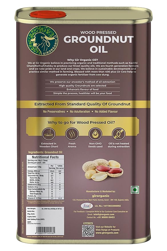 GirOrganic Peanut Oil | Natural Kolhu Wood Pressed | 169oz (Kacchi Ghani/Cold Pressed Peanut Oil) (169 oz)