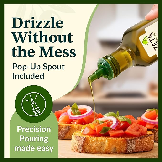 Zeta Extra Virgin Olive Oil 25.3 fl oz | Premium Glass Bottle with Pop-Up Spout | Cold-Pressed | Product of Spain | Ideal for Baking Cooking Grilling Roasting Pasta &amp Salads