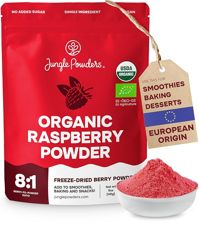 Jungle Powders Organic Raspberry Powder 5 Ounce Bag USDA Organic Freeze Dried Raspberries from Whole Berry for Baking Additive Filler Free Red Superfood Extract Rasberries Smoothies Organic Dehydrat