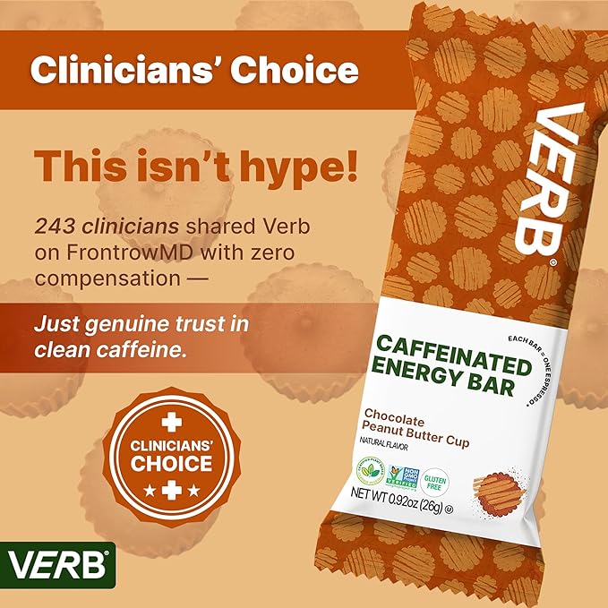 Verb Caffeinated Energy Bars Chocolate Peanut Butter Cup (26g Pack of 16) 110-Calorie Delicious Energy Bar Gluten Free On-the Go Snack with 80mg Green Tea Caffeine Only Real-Food Ingredients