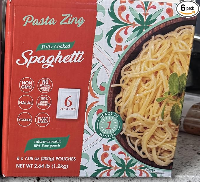 Fully Cooked Spaghetti Pasta Ready in 1 Minute Microwaveable BPA Free Pouch Non-GMO Halal Kosher Plant Based 7.05 oz 6 Pack
