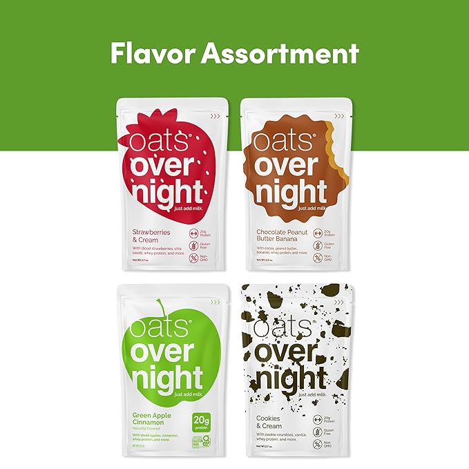 Oats Overnight Classic Variety Pack - High Protein High Fiber Breakfast Protein Shake - Gluten Free Oatmeal Non GMO Oatmeal - Green Apple Cinnamon Cookies &amp Cream &amp More (8 Pack + Shaker Bo