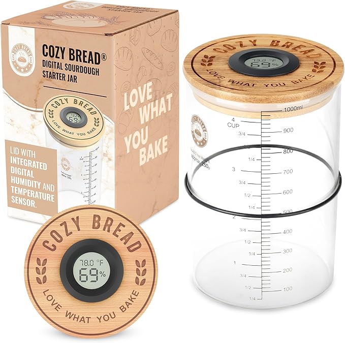 Cozy Bread® Digital Sourdough Starter Jar – 34oz Glass Fermentation Jar with Digital Temperature &amp Humidity Sensor | Perfect for Growing Sourdough Starter | USA Brand