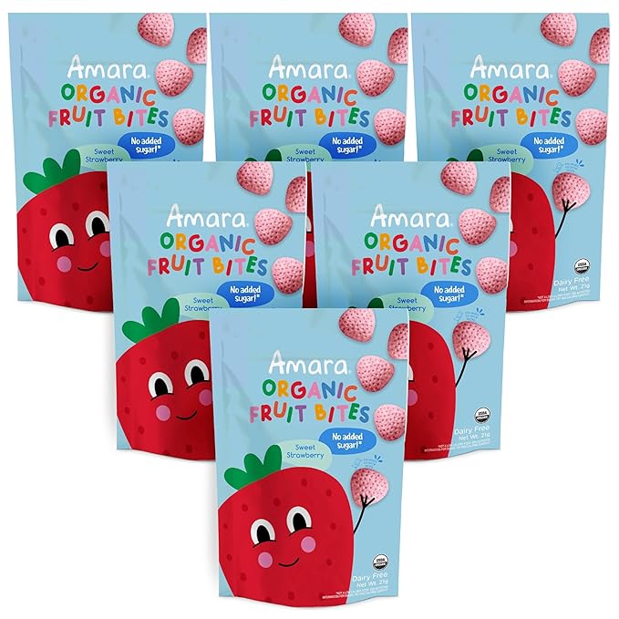 Amara Organic Fruit Bites Sweet Strawberry - No Added Sugar Dairy-Free Nut-Free Organic Fruit Snacks Made with Organic Whole Foods Allergy-Friendly Healthy Fruit Snacks for Kids - 21g 6PK