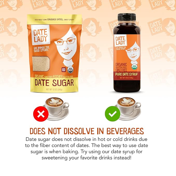 Date Lady Date Sugar (2) 12oz Bags Organic | Vegan Paleo Gluten-Free &amp Kosher | Sugar Substitute and Alternative Sweetener for Baking | Will Not Dissolve in Your Coffee (1.5lbs Total)