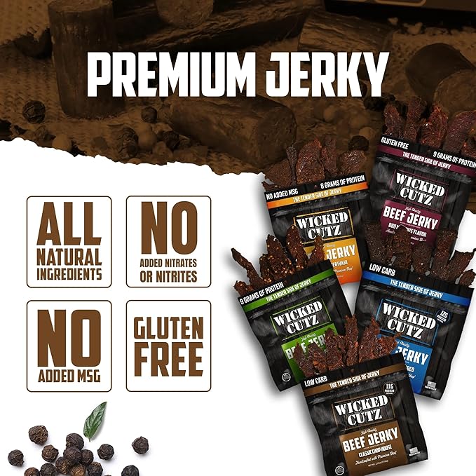 Wicked Cutz Beef Jerky Variety Pack | 5 Flavors Up to 36g Protein Per Bag | Tender Easy to Chew USA Made High Protein Carnivore Snacks | Unique Gifts for Men (5 Bags)