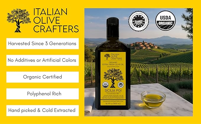 Italian Olive Crafters Polyphenol Rich Organic Extra Virgin Olive Oil 16.9 fl oz - 646 mg/kg High Polyphenols - Organic Olive Oil Extra Virgin Cold Pressed Glass Bottle