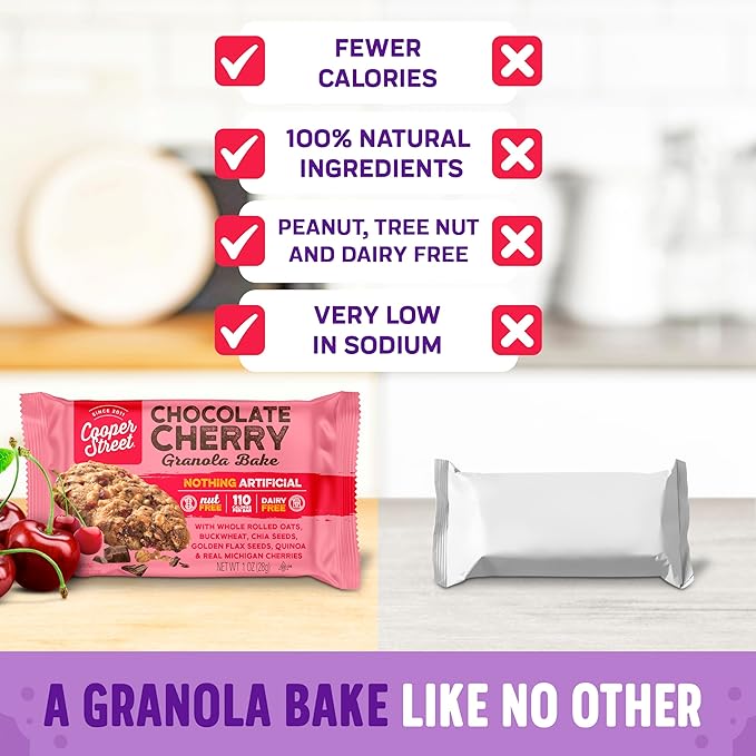 Cooper Street Granola Cookie Bake - Chocolate Cherry Chewy Granola Bars | Individually Wrapped Healthy Breakfast Bars | 6 oz | 6 Pack