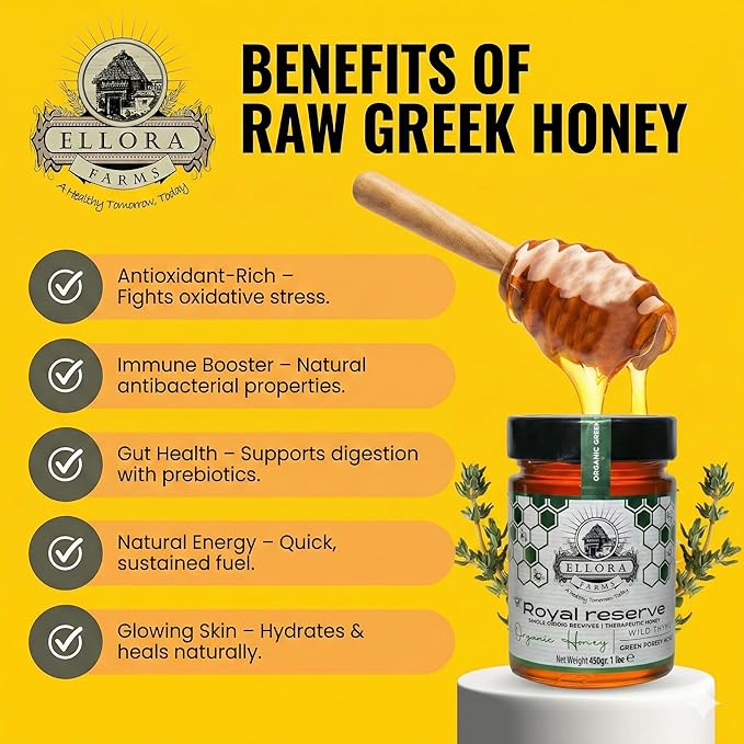 Ellora Farms Organic Honey Wild Thyme Organic Honey Raw Unfiltered Preservative and Additive Free 2025 Paris and Dubai Gold Awards Winner Gift Pack with Dipper - 450g (16oz)