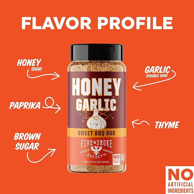 Fire &amp Smoke Society Honey Garlic BBQ Rub | Seasonings for Smoking and Grilling | Pulled Pork Ribs Chicken Burgers Dry Rubs and Spices | Honey Garlic Brown | Large (2-Pack)
