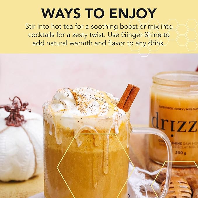 Drizzle Ginger Shine Raw Honey - All Natural Pure Raw Honey with Organic Ginger Unfiltered &amp Unheated Use in Tea &amp Coffee Sugar Substitute Certified Kosher - 13.2 oz Jar (375 g) Pack of 2