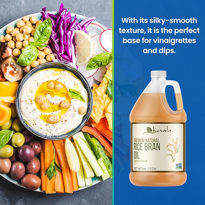 Kevala Rice Bran Oil - Oil with Mild Scent Great for Cooking ang Baking Enjoyed in Massage Therapy and Body Care Kitchen Pantry Staple for your Home Ingredient in Soap Making 64 fl oz 1/2 gal