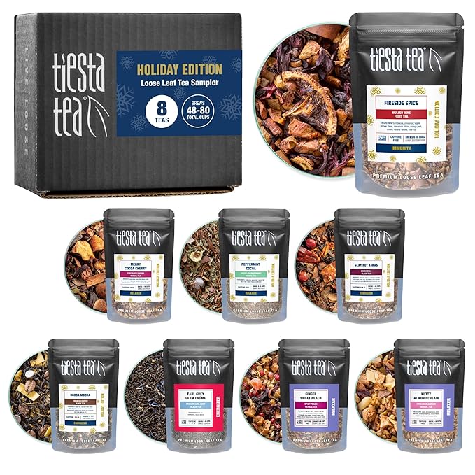 Tiesta Tea - Holiday Tea Sampler Dry Flight Set Loose Leaf High to No Caffeine Hot &amp Iced Premium Brew Sample with Black Herbal Fruit &amp Hibiscus Blends 8 Resealable Sample Pouches