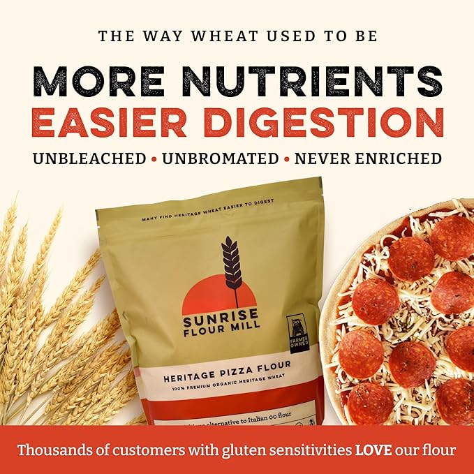 Sunrise Flour Mill USDA Organic Heritage Pizza Flour - 5 lbs | Milled from Hard Red Wheat | Easier to Digest with Less Bloating | No Bleaching or Bromating | Zero Additives