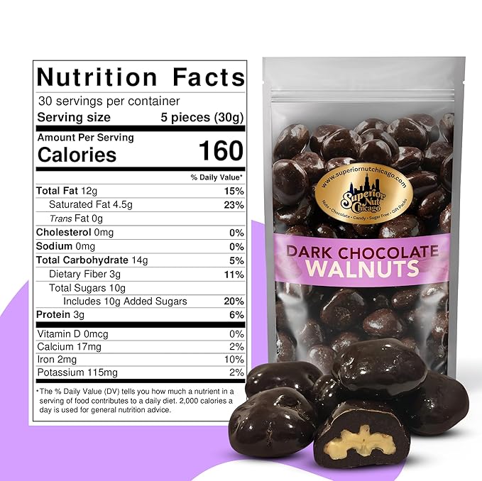 Superior Nut Chicago Dark Chocolate Covered Walnuts - Gourmet Crunchy Walnuts Rich Omega-3s &amp Antioxidants - Resealable 2 lb Bag