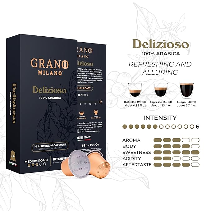 Grano Milano Delizioso Coffee Capsules - 100 Aluminum Coffee Pods Compatible with Nespresso Original line100% Arabica Medium Roast - Intensity 6/12 Made in Italy