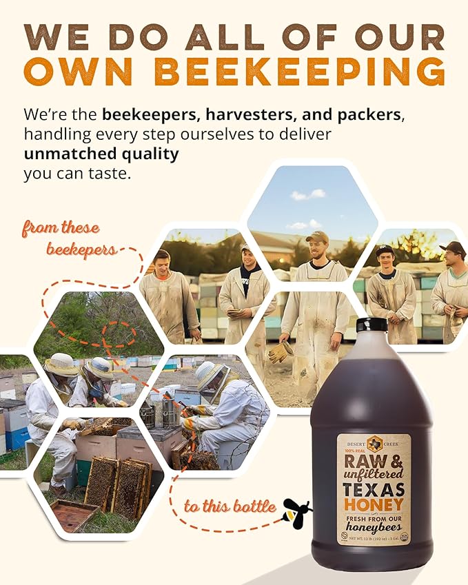 Desert Creek Honey - 100% Unfiltered Pure Raw Honey from Texas - Natural Sugar Substitute - One Gallon of Bulk Unprocessed Unpasteurized American Honey - Harvested by Our Own Beekeepers