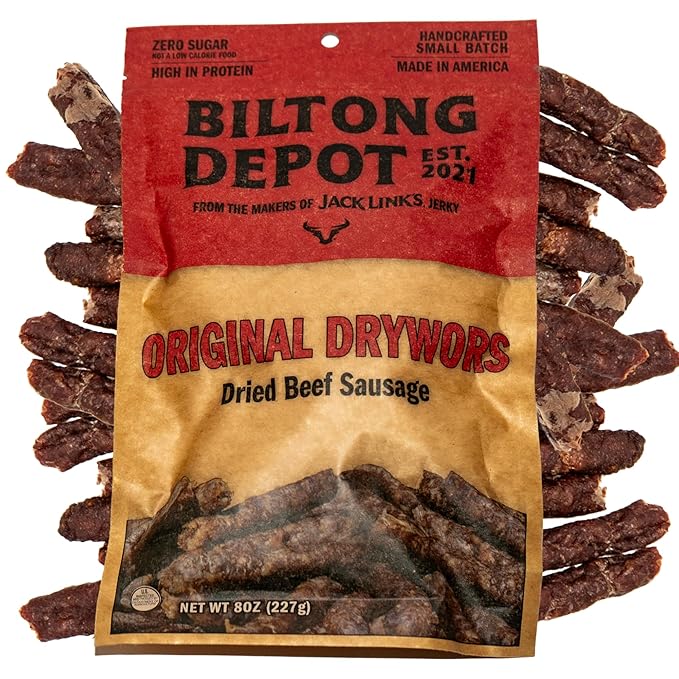 Biltong Depot Original Drywors - 8oz | Air-Dried Beef Snack Sticks | High Protein | Paleo and Keto Friendly | Zero Sugar | Gluten Free | No Artificial Preservatives | No MSG
