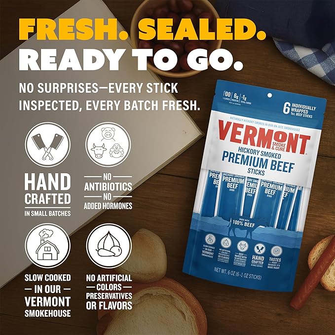 Vermont Smoke &amp Cure - Smoked Premium Beef Sticks - Meat Protein Snack - Portable Healthier Meat Snack for Adults &amp Kids - Individually Wrapped Jerky Snacks - 1oz - 24 Count