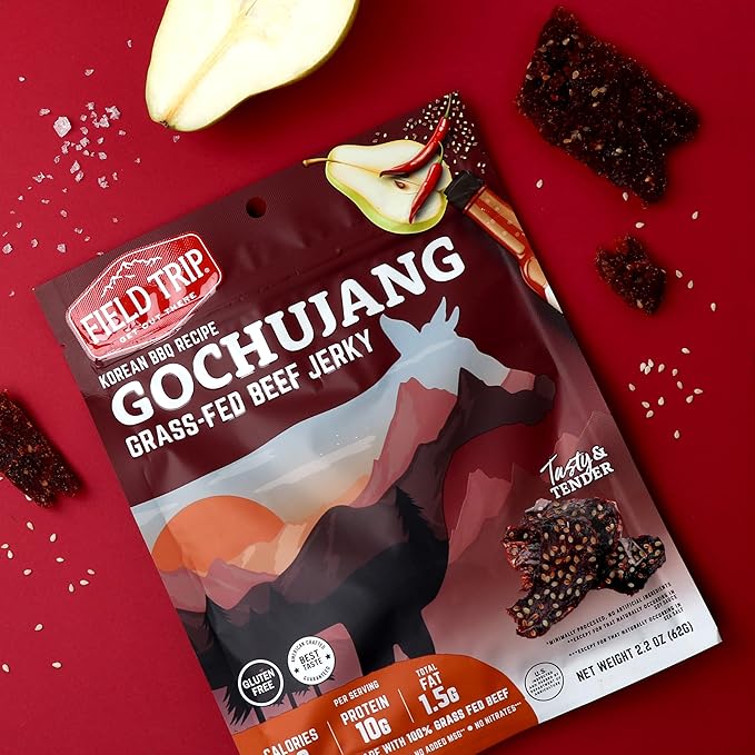Field Trip Grass Fed Beef Jerky Healthy Gluten Free Snacks All Natural Paleo-Friendly Beef Jerky High Protein Low Carb Snack with No Nitrates 1oz Bag 12 Pack Gochujang Korean BBQ